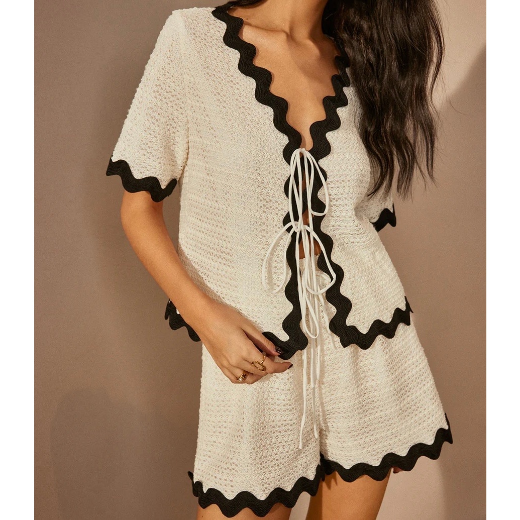 Commense Contrast Trim V-Neck Tie Front Top & Short Set XL NWT