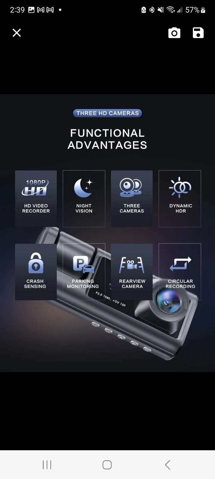 Dash Cam W/ Ir Night Vision Loop Recording & 2 Ips Screen 1080p 3 Camera