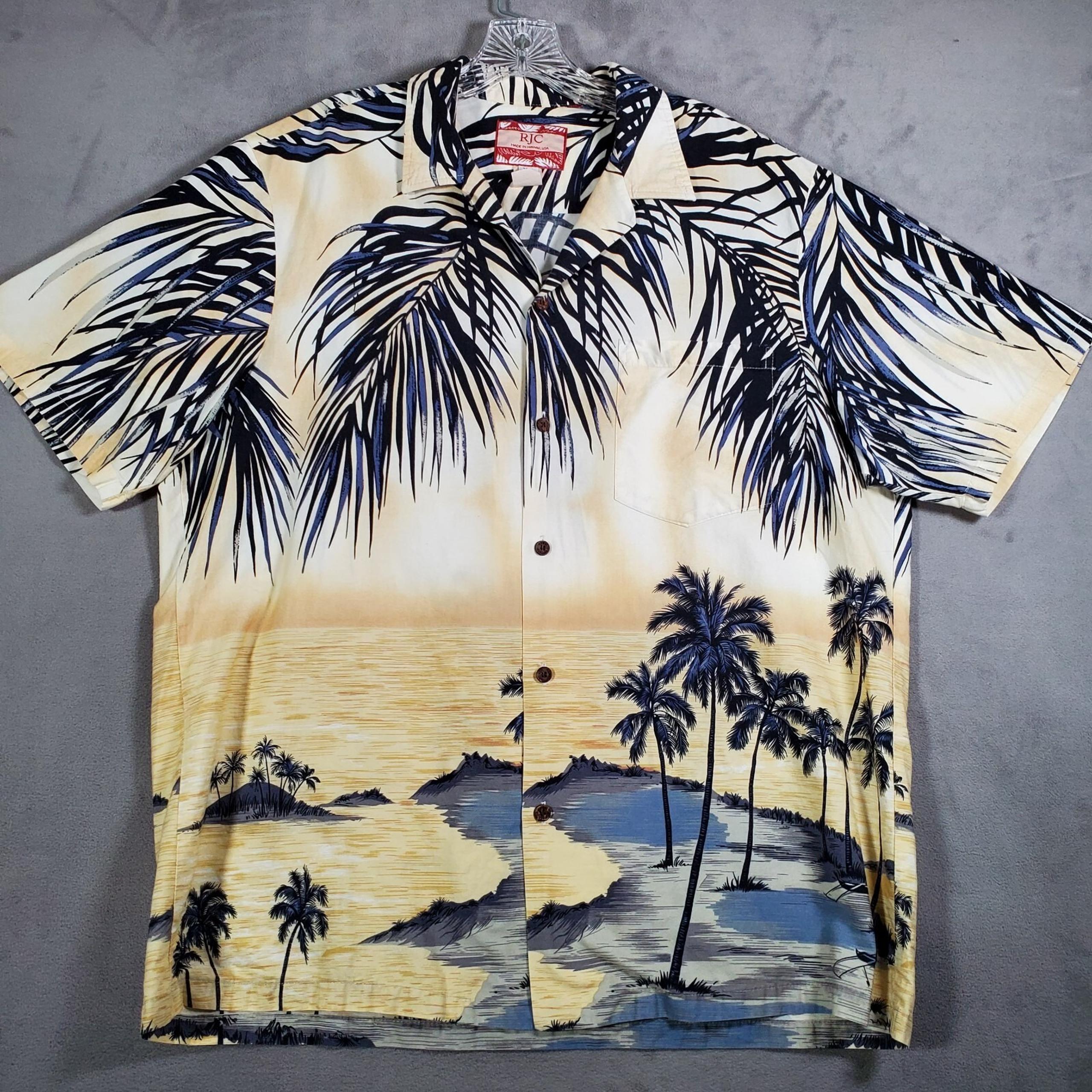 Vintage RJC Hawaiian Shirt Mens XL Palm Tree Island Sunset USA Made Aloha Beach