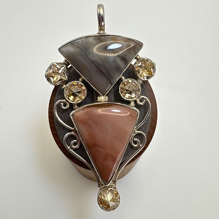 VTG Sterling Silver 925 Agate & Quartz Statement Pendant Filigree Design