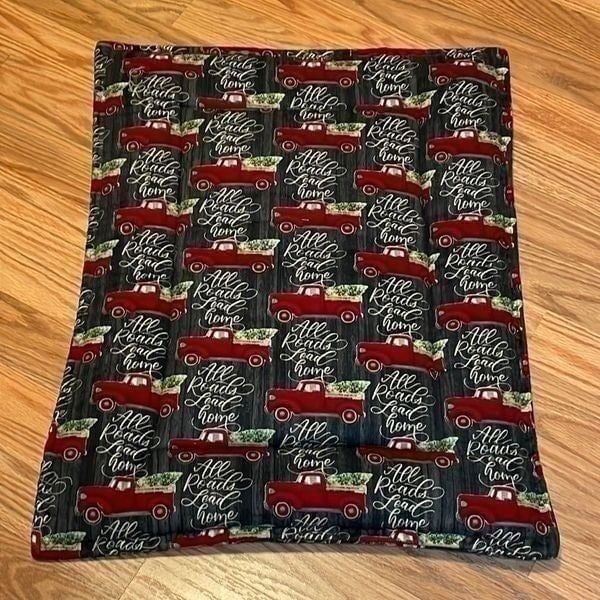 Pet Bed Mat, Red Christmas Truck, Cat, Dog, Bunny, “All Roads Lead Home” 18x24