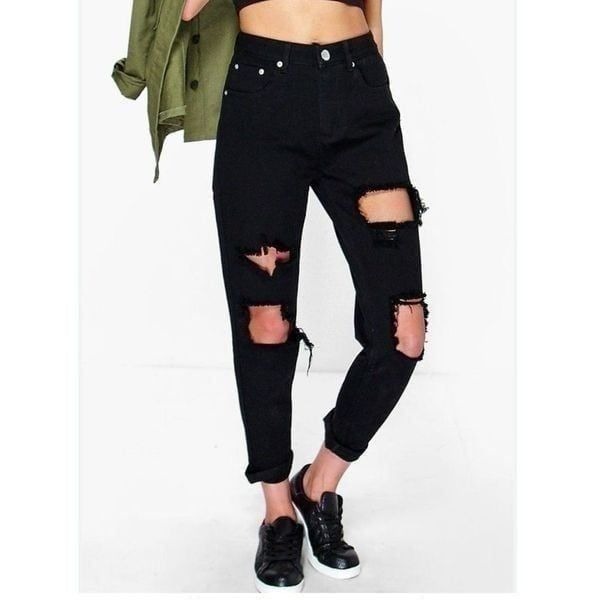 Boohoo blue Hatty High Waist Distresses black Boyfriend Jeans distressed size 6