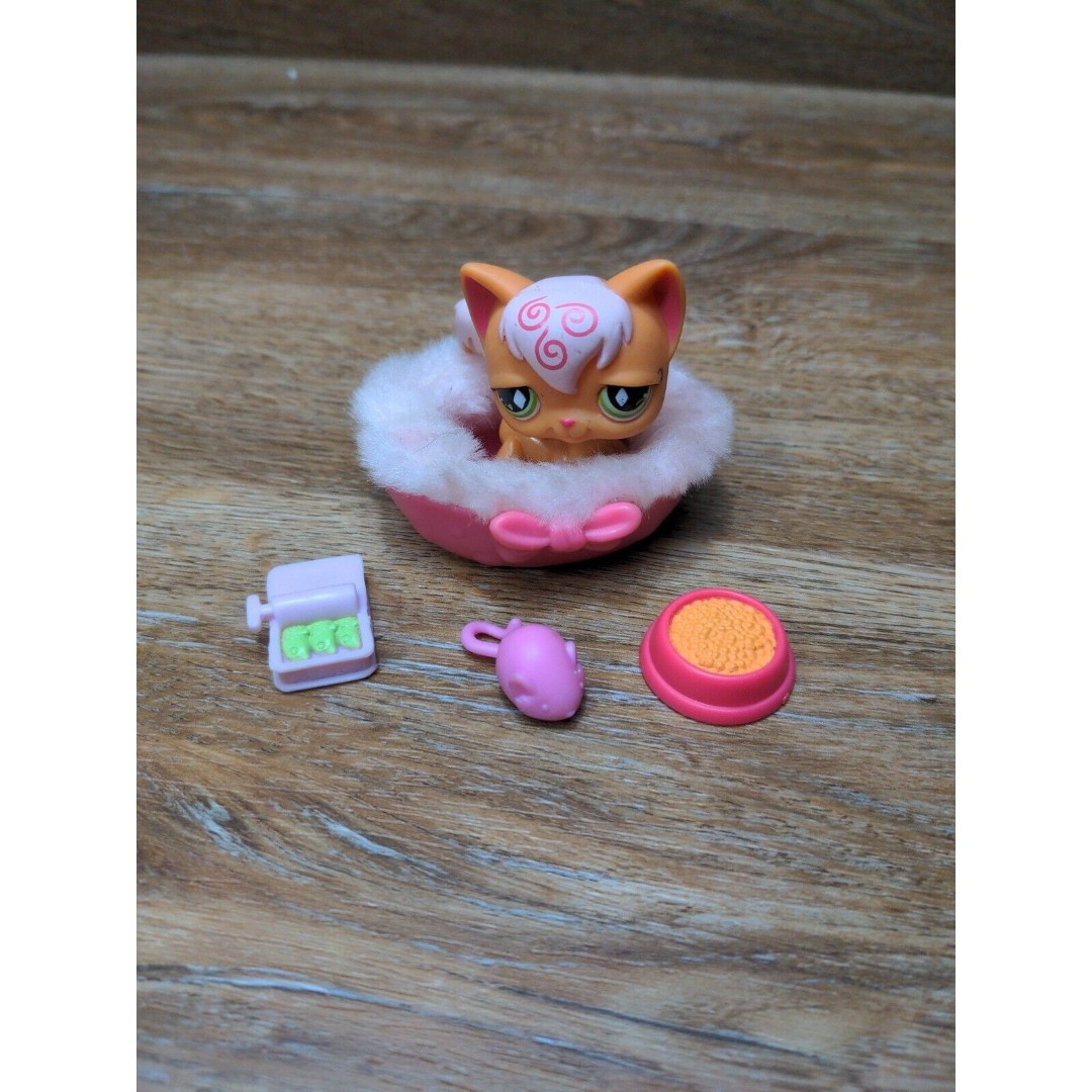 Littlest Pet Shop Longhair Orange Cat Green Eyes Swirl & Accessories LPS