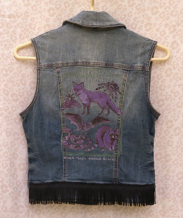 Halloween Dark Humor Denim Jeans Witch Vest w/ Fringe and Patches - NEW MOSSIMO