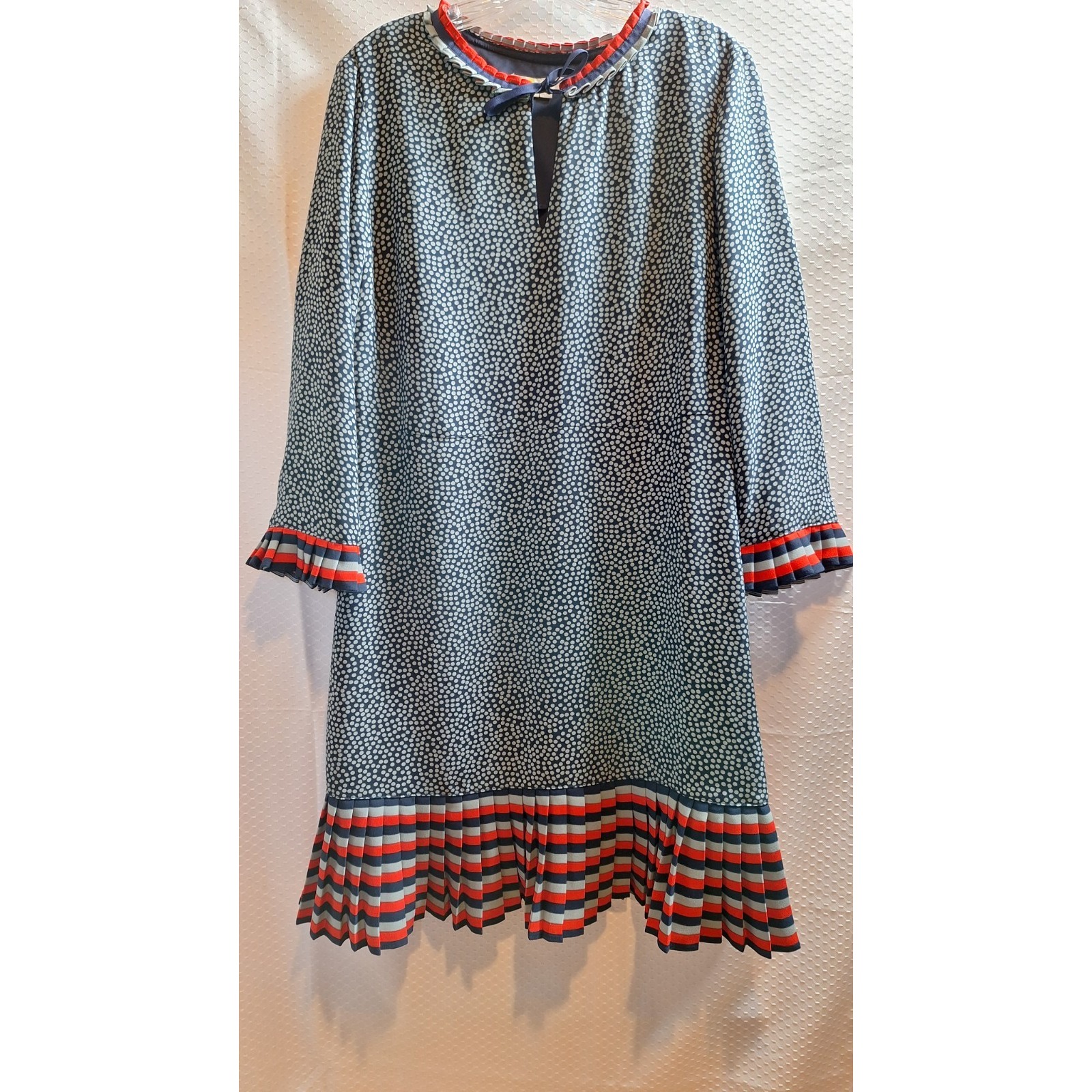 BODEN Polka Dot Pleated Bottom Dress Sz 10R Blue Red Corporate Casual Preppy L/S