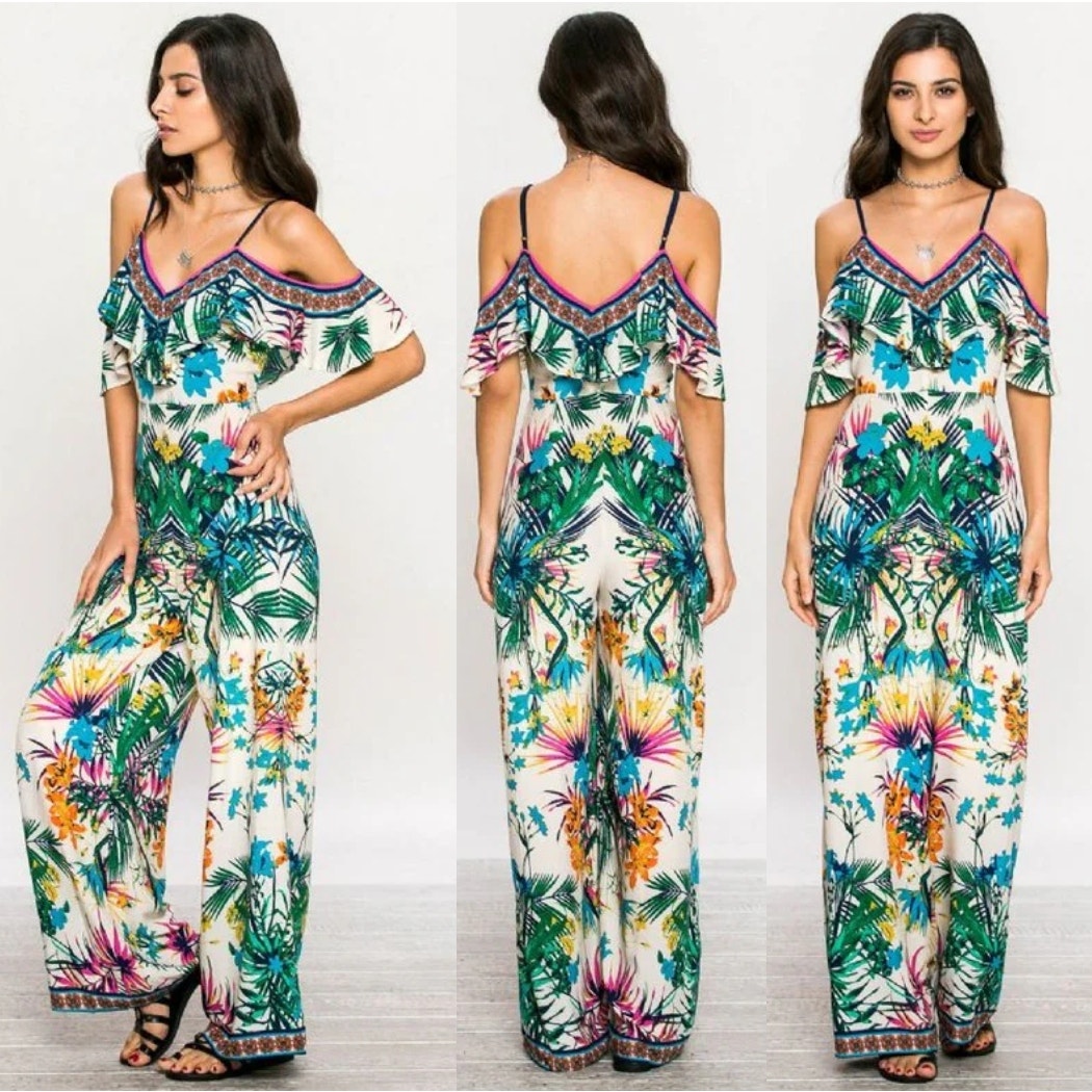 Flying Tomato Green Floral Tropical Off the Shoulder Wide Leg Jumpsuit Size S