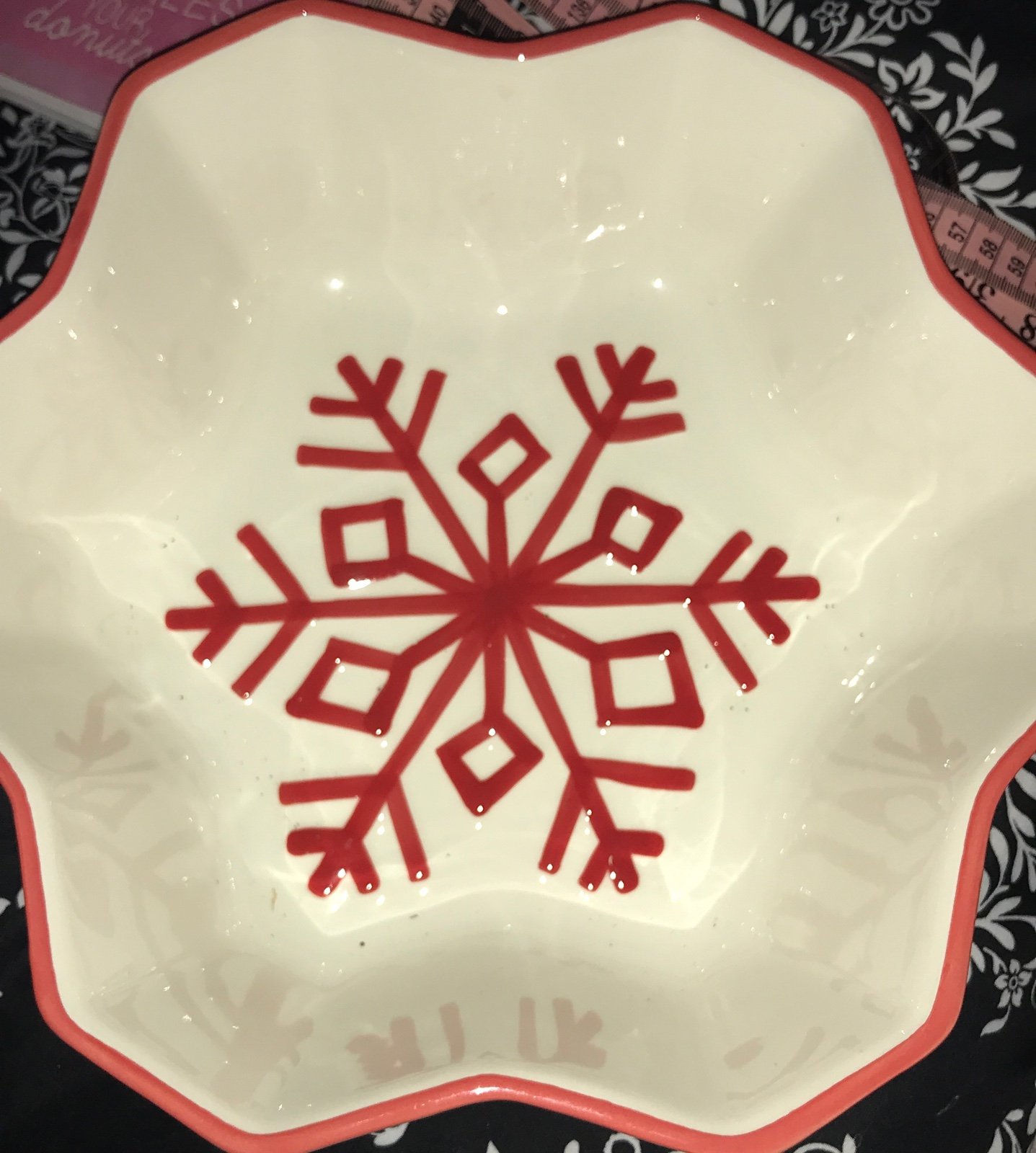 White snowflake bowl w red trim