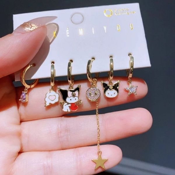 14K Gold Plated Sanrio Kuromi Hello Kitty Huggie Hoop Dangle Mismatched
