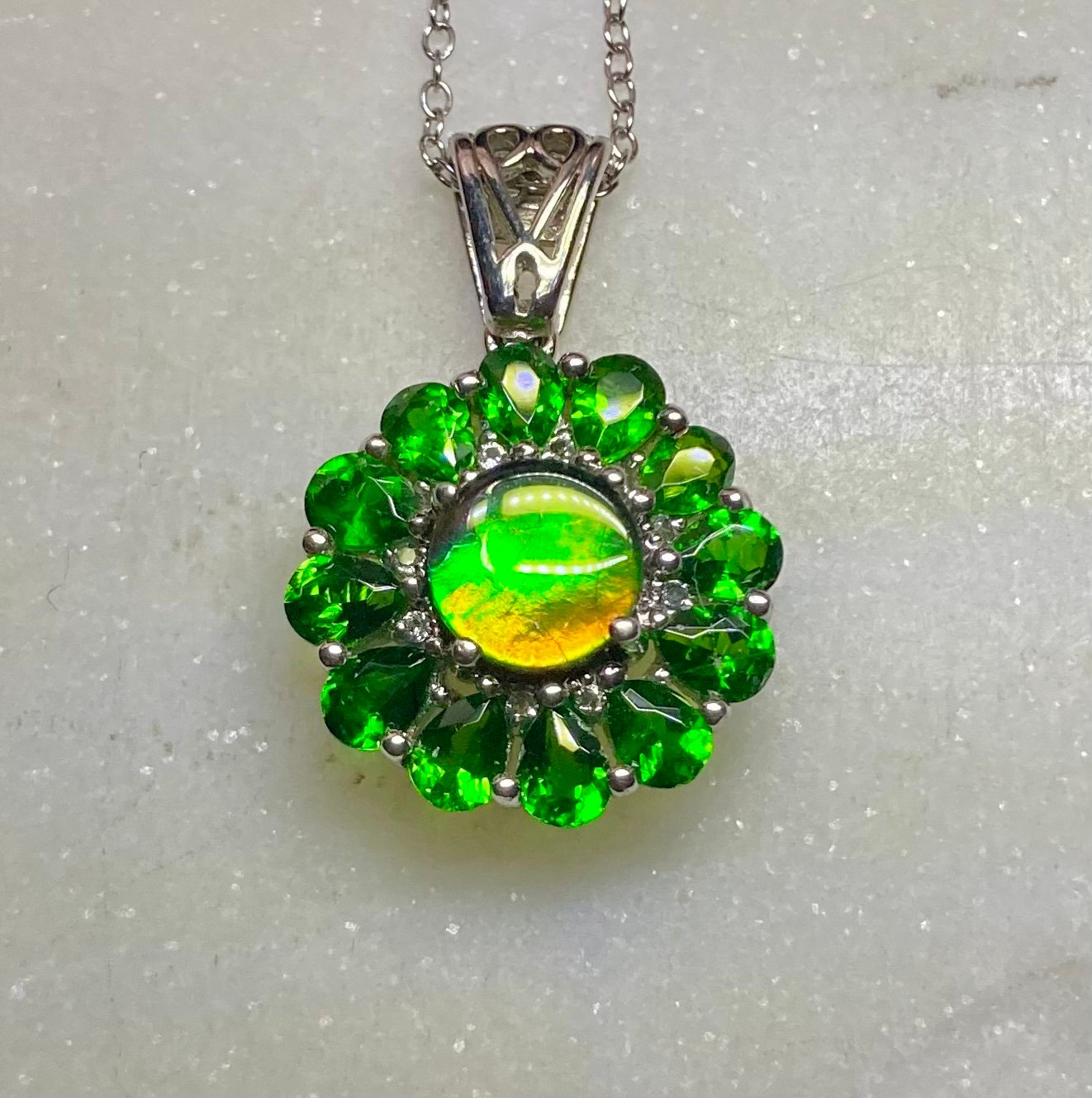 Russian Diopside and Canadian Ammolite pendant necklace.