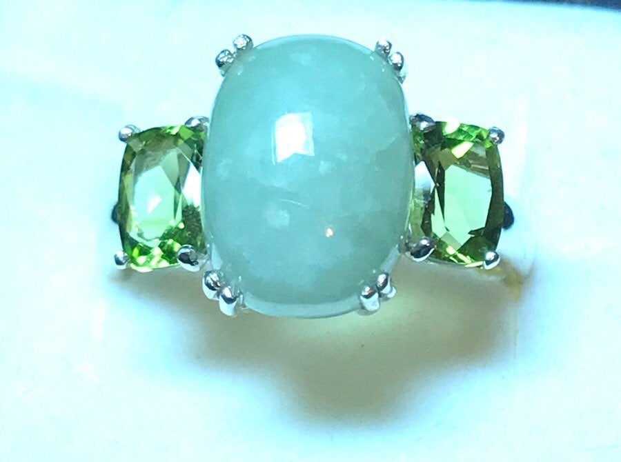 Jade & Tourmaline Sterling Ring Sz 10. R616