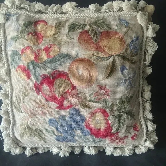 Handmade Wool Needlepoint Floral/Fruits Aubusson Design 2 Pillows with Tassels