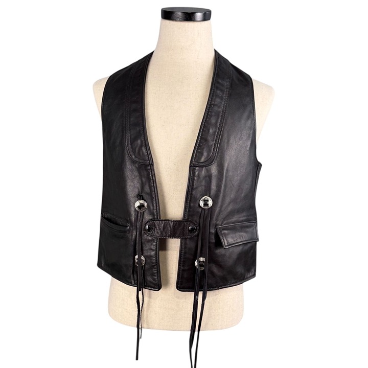 Schott NYC 1980s Western Leather Vest Black Medium Made In USA With Front Lace
