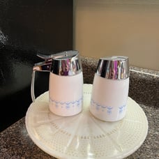 Vintage Santa Barbara Syrup and Sugar Dispensers in snowflake garland pattern
