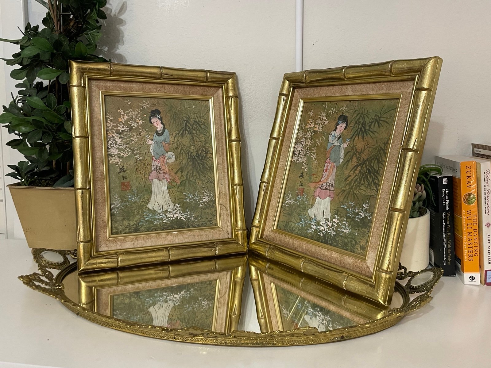 VTG 8x10 Faux Bamboo Gold Gilded Ornate Wood Linen Liner Picture Frame Set -READ