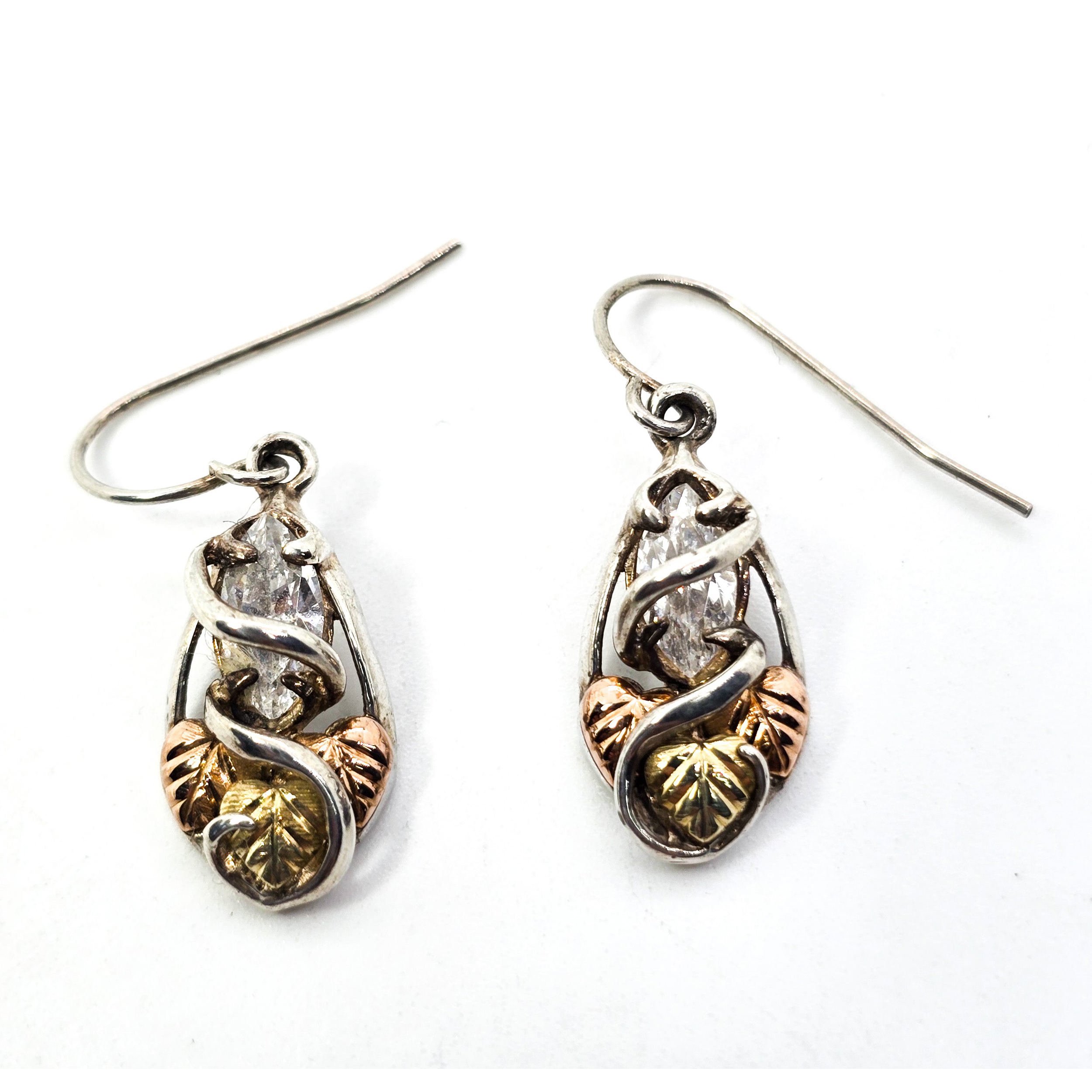 Black Hills Gold Coleman Co Green & Rose 12k gold CZ sterling silver leaf earri