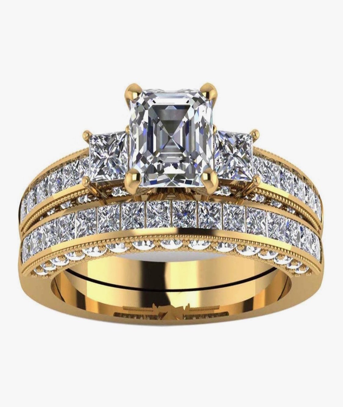 NWT-Yellow & White Gold Filled Radiant&Princess Cut Cz Wedding Set.