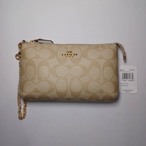 NWT Coach 88035 Large Wristlet In Signature Canvas Light Khaki Gold