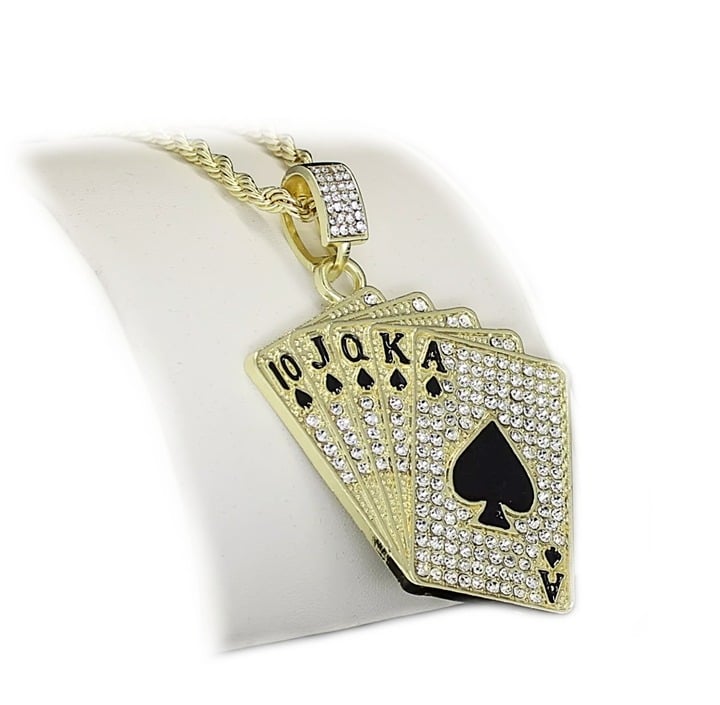 Poker cards pendant for men yellow gold plated CZ set 2 high hip hop jewelry
