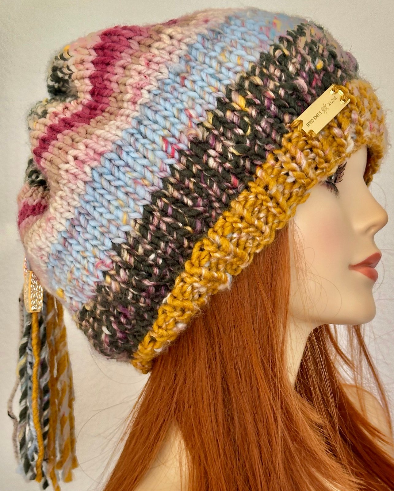 Hand Knits 2 Love Slouch Beanie Hat Cap Decorative Beads Tassels Designer