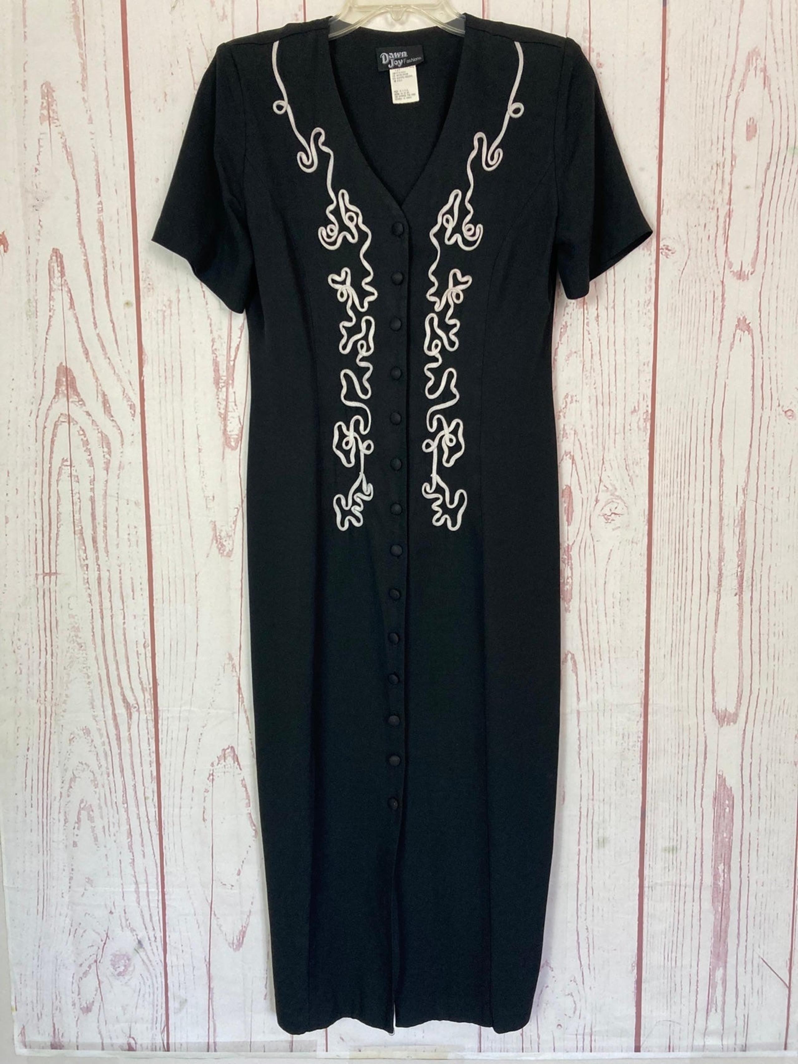 Vintage Dawn Joy Fashions Black Button Down Midi Dress Size 12 Tall Bodice Trim