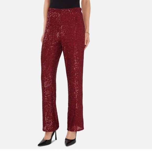 NWT VINCE CAMUTO Women's Pull-On Sequined Flared Pants Dark wine Large