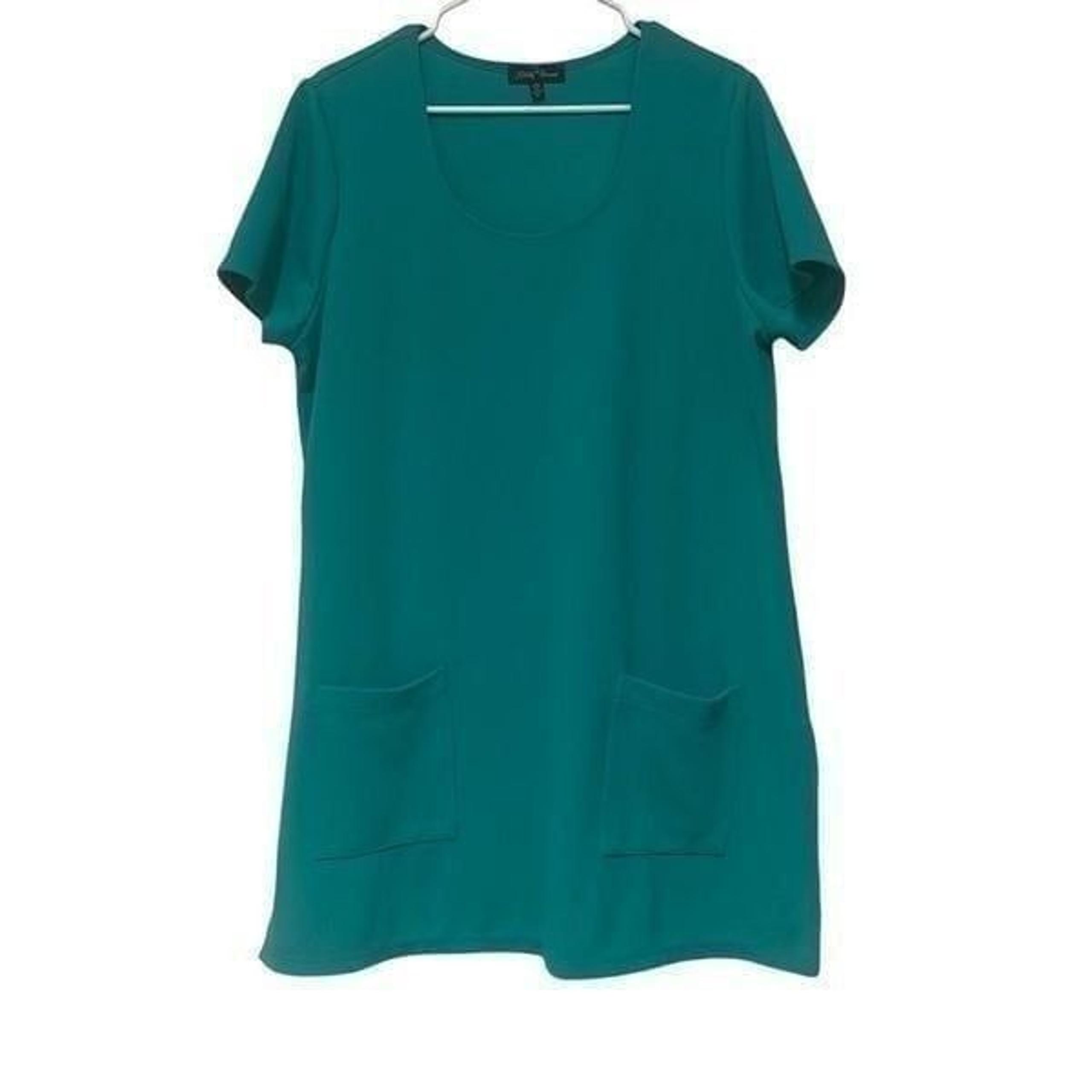 Slinky Brand Womens Plus 1X Shift Mini Dress Green Pockets Side Slits Textured