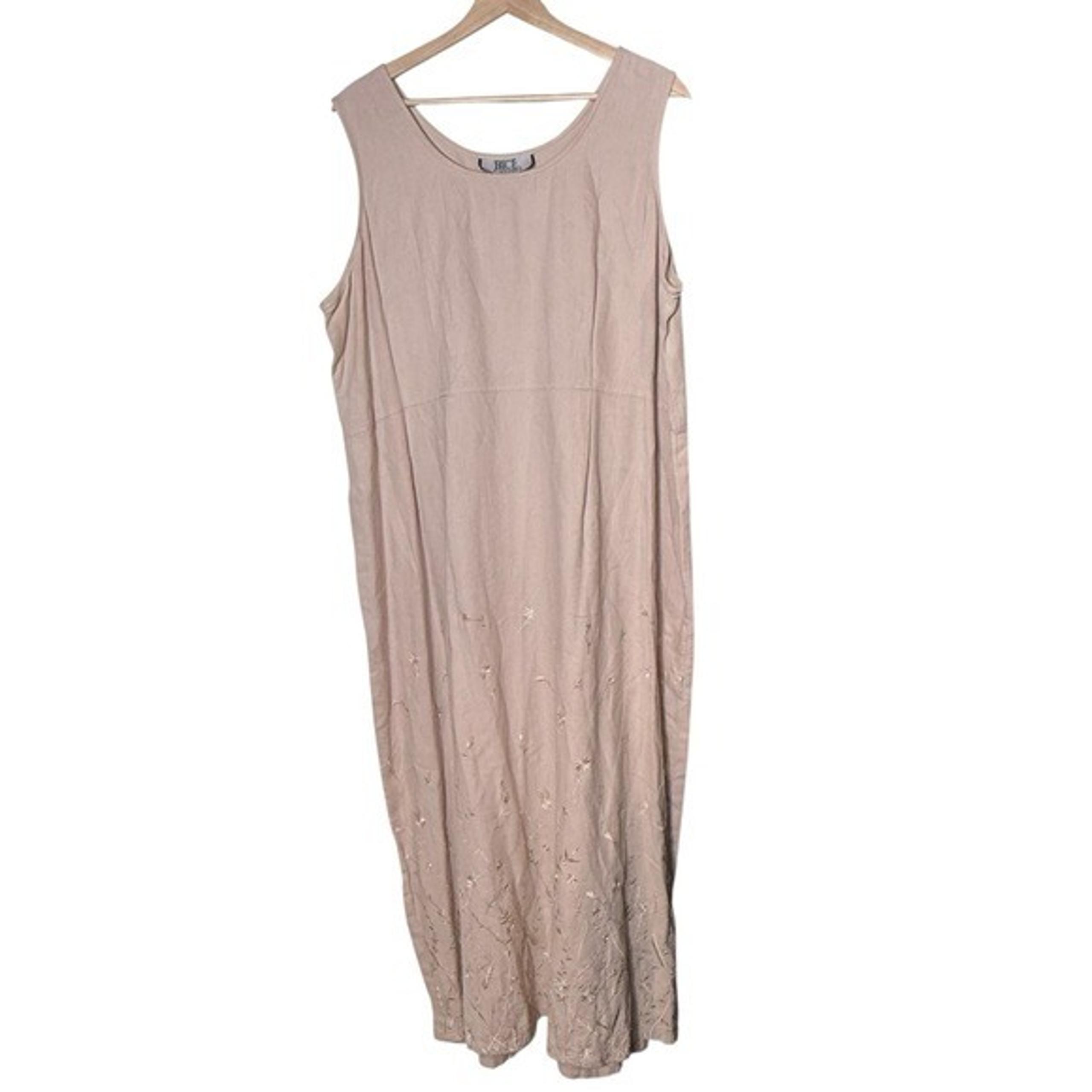 Vintage Linen Blend Embroidered Floral Shift Midi Dress Size 1X Beige Minimalist