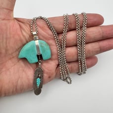 Vintage Sundancer SJC Sterling Silver Turquoise Fetish Bear Feather Necklace