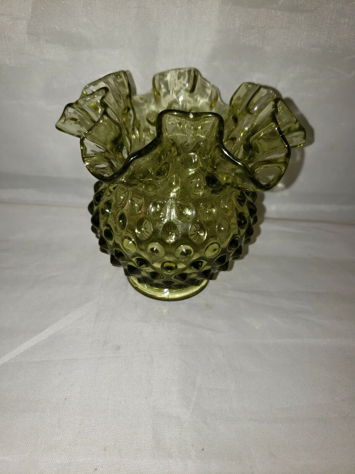 RUFFLED GREEN GLASS BUMPS DOTS VASE DISH FENTON STLYE 4.5 INCHES TALL HEAVY DUTY
