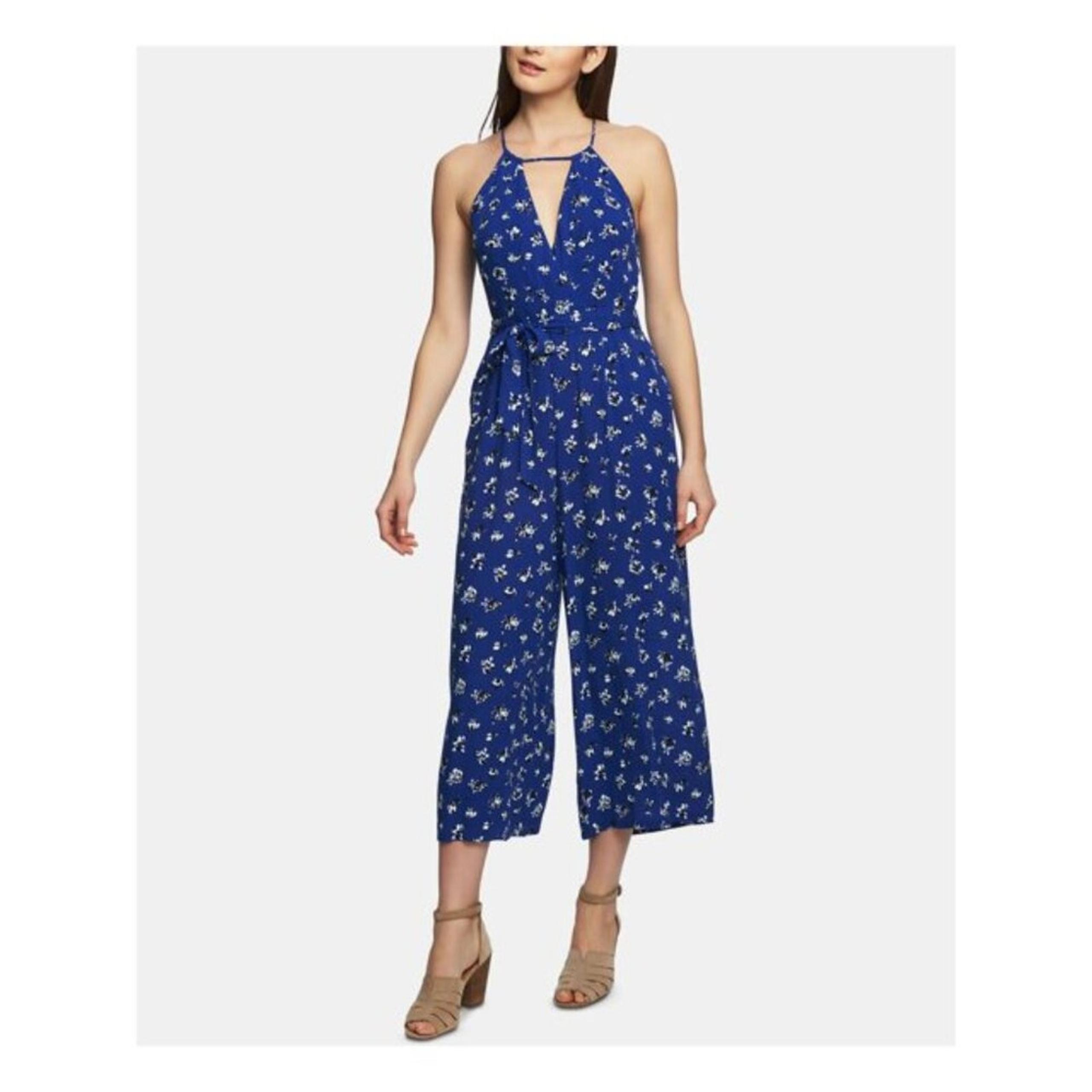 1. STATE Wide Leg Jumpsuit Women Size 8 Blue Floral Spaghetti Strap Keyhole NWT