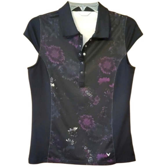Calloway Women's Black and Purple Floral Snap Polo Shirt Size Medium
