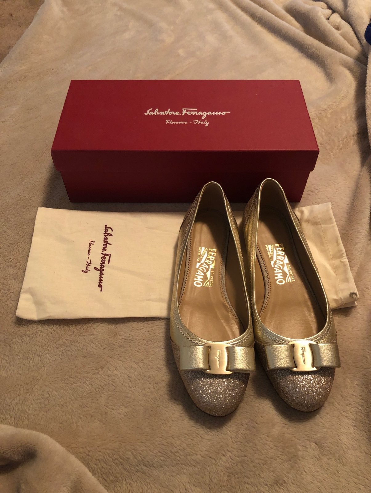 Salvatore Ferragamo gold glitter flats
