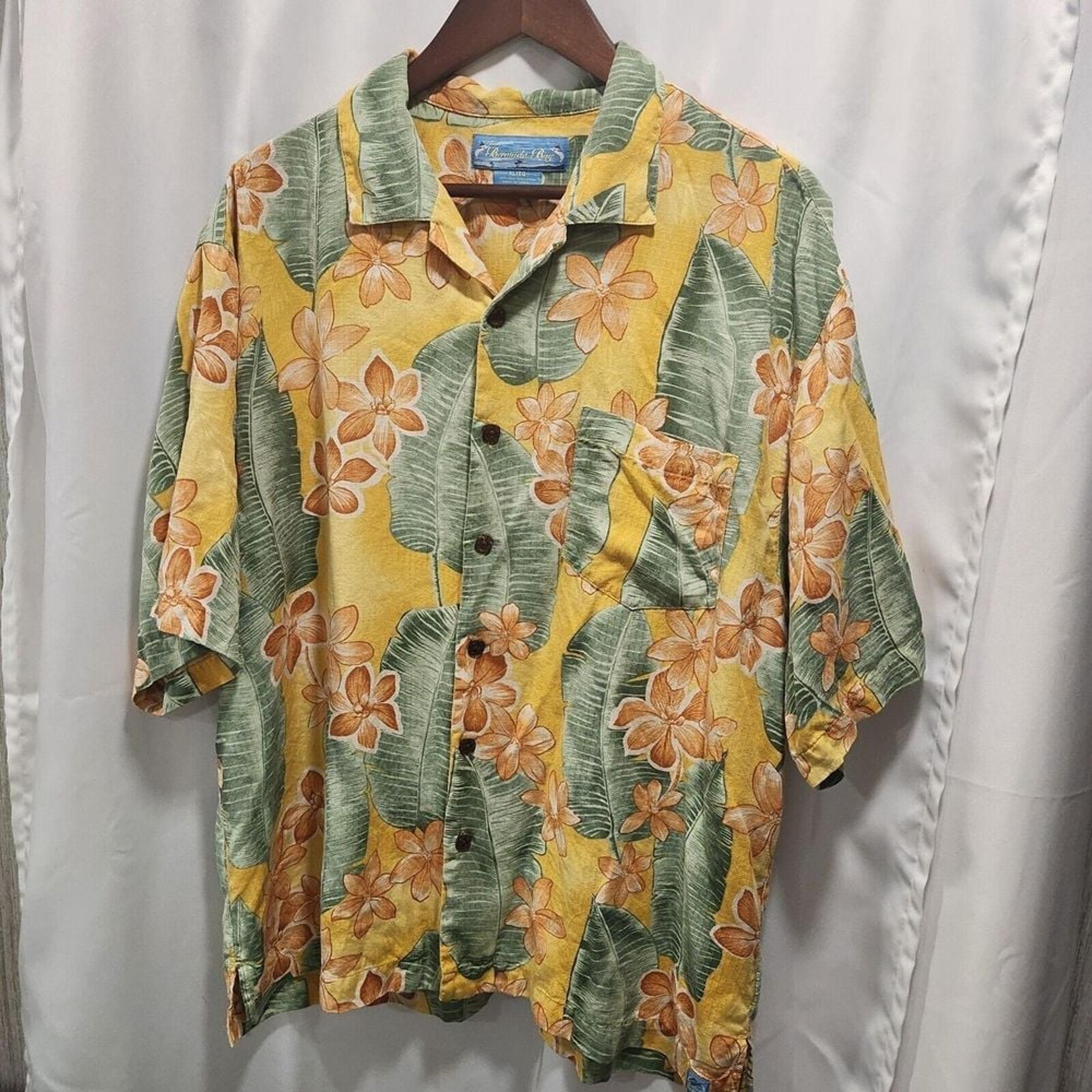 BERMUDA BAY Hawaiian Shirt Mens XL Button Up XL Floral 100% Silk Orange Yellow