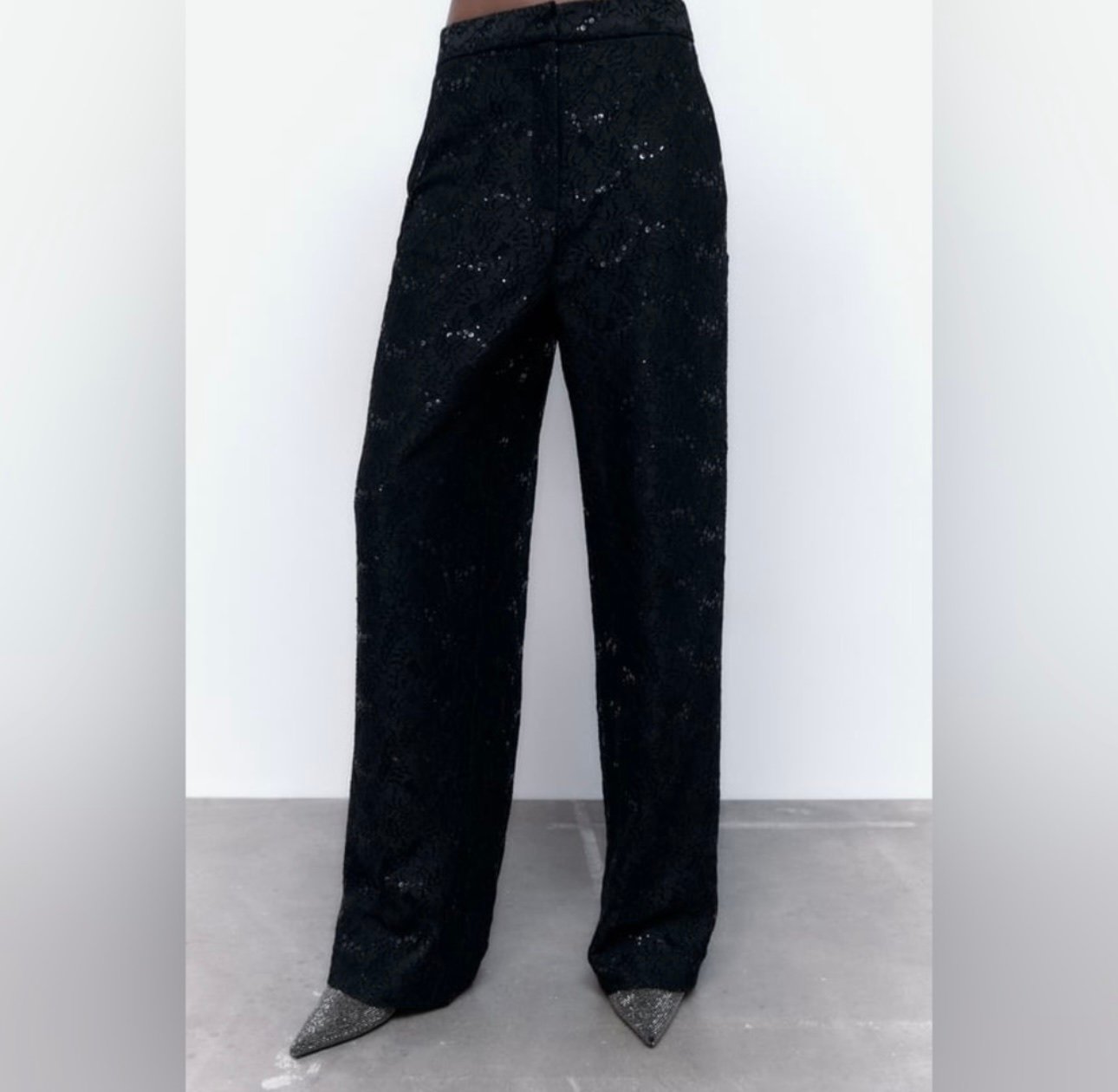 New Zara Sequined Lace High Waist Black Dress Pants Small 9361/869