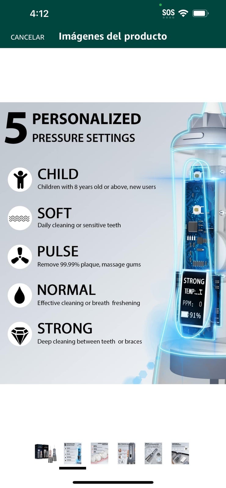 MySmile Potente irrigador dental inalámbrico de 11.8 fl oz con pantalla OLED por