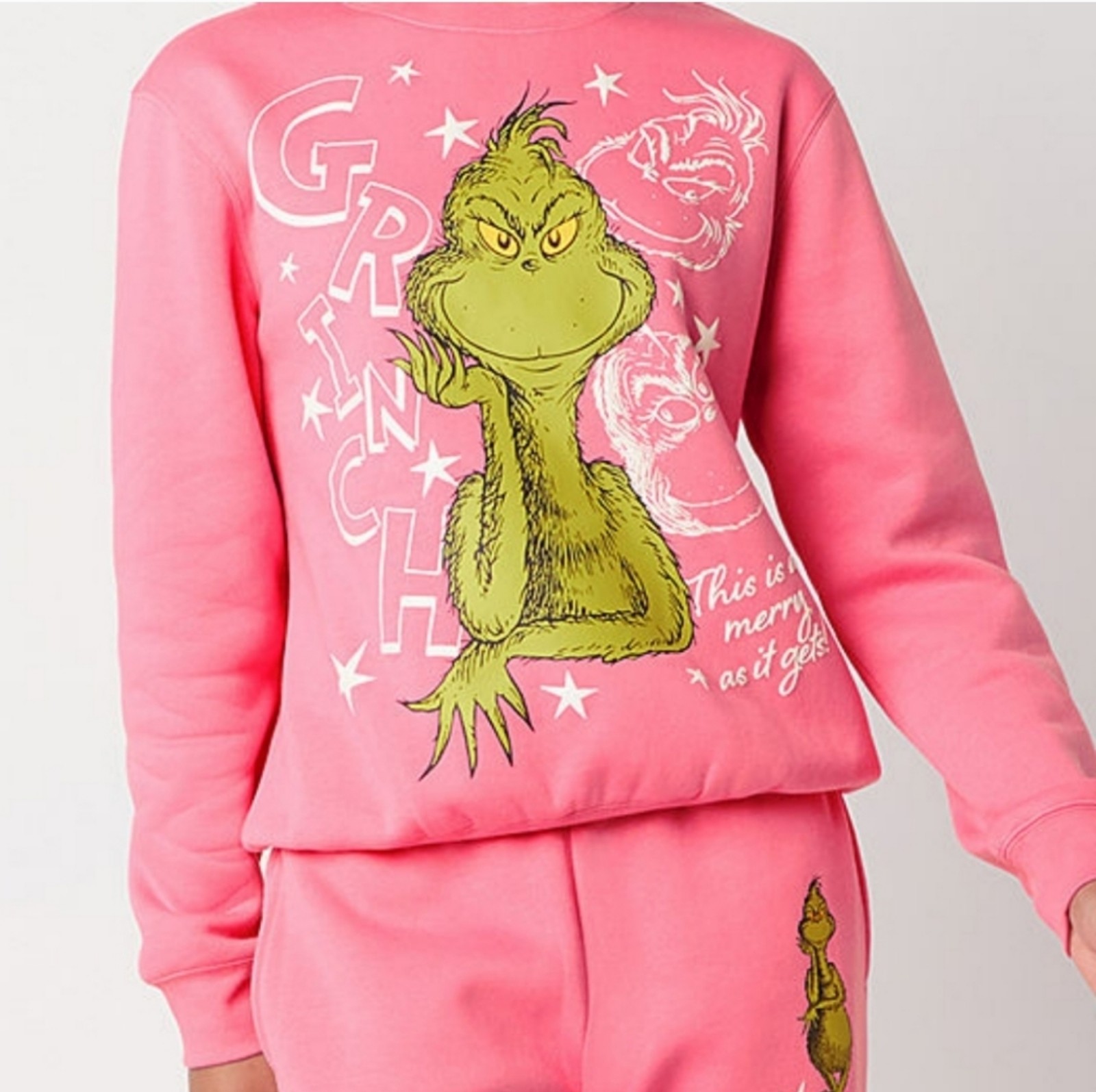 Grinch Sweatshirt and Sweatpants in buble gum pink color. Juniors size medium.
