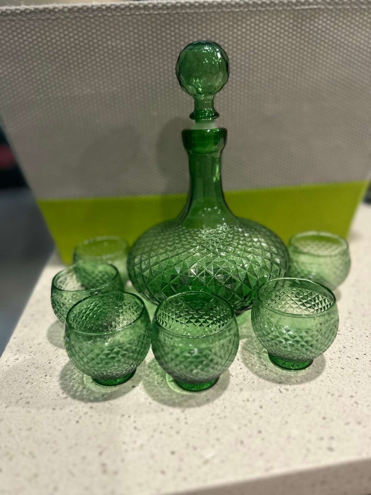 Midcentury Italian Green Textured-Glass Decanter & Glasses Set- 7 Pieces