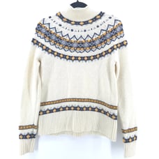 J.Crew Womens Ivory & Blue Rolled Hemline Mock Neck Nordic Lambs Wool Sweater S