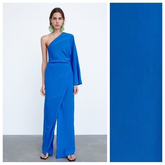 NWT. Zara Limited Edition Blue Asymmetric Jumpsuit with Earrings. Size S.