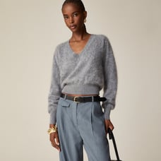 J.Crew Brushed Cashmere Cropped V-neck Sweater In Heather Dark Grey, Size Medium