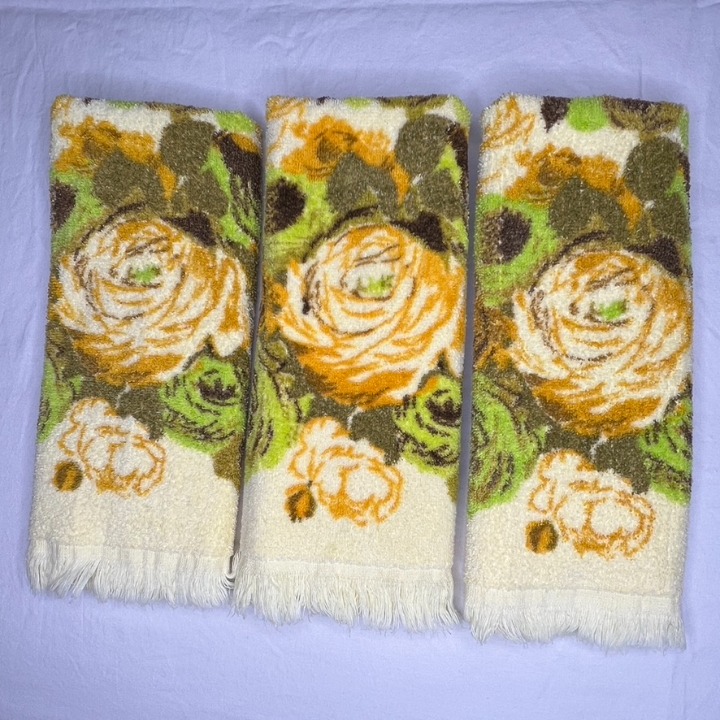 Vintage Cannon Monticello Hand Towel Set Of 3 Yellow Floral Roses Fringe Retro