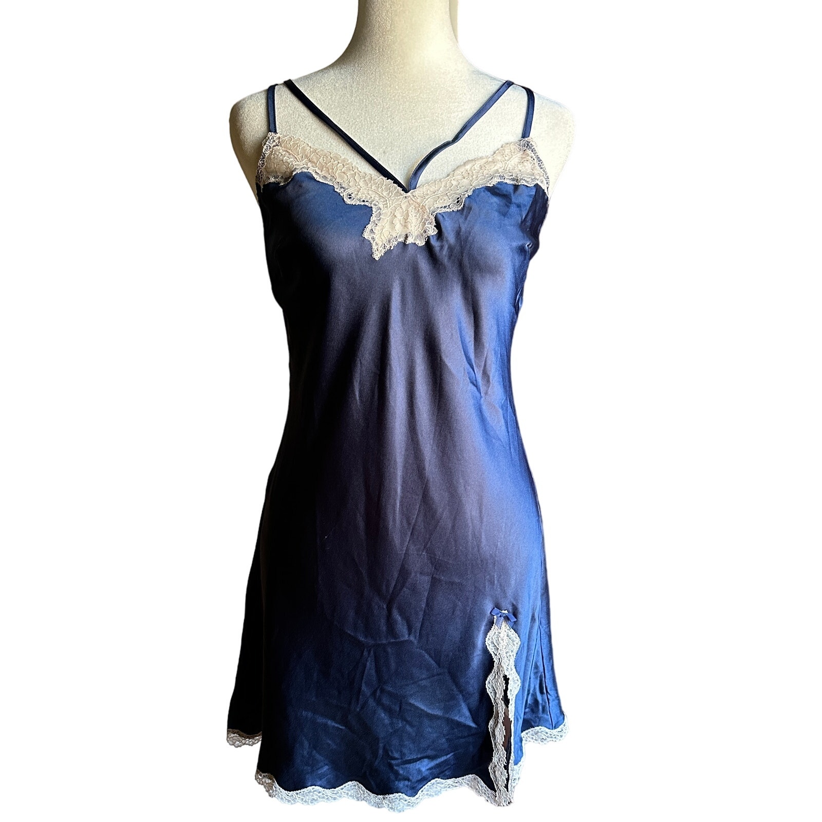 VICTORIA'S SECRET | Navy Blue Satin Nightgown with White Lace Trim | Size Small