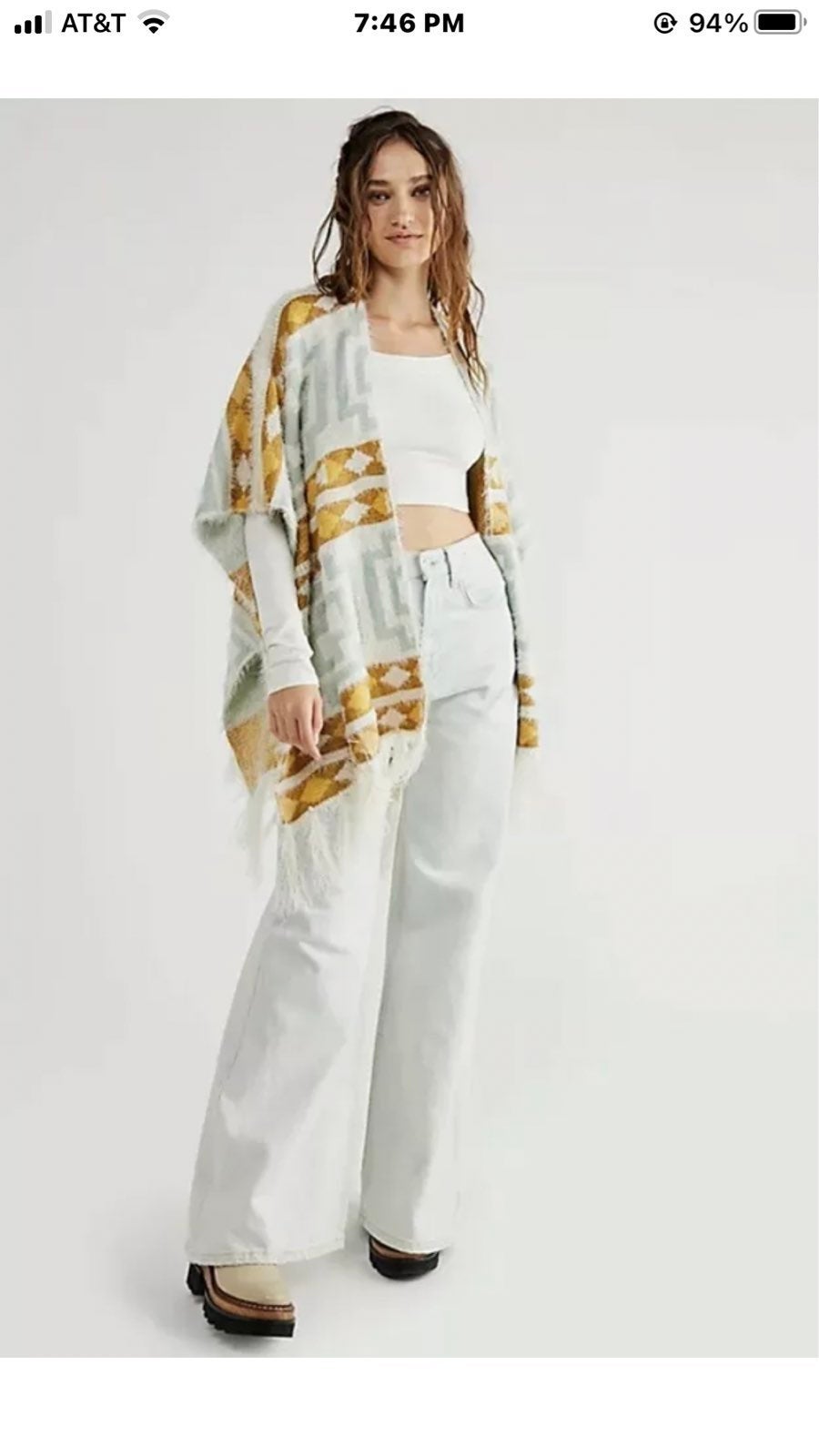 Free People Diamondback Cozy Sweater Soft Knit Kimono Fringed Ivory Aqua Gold