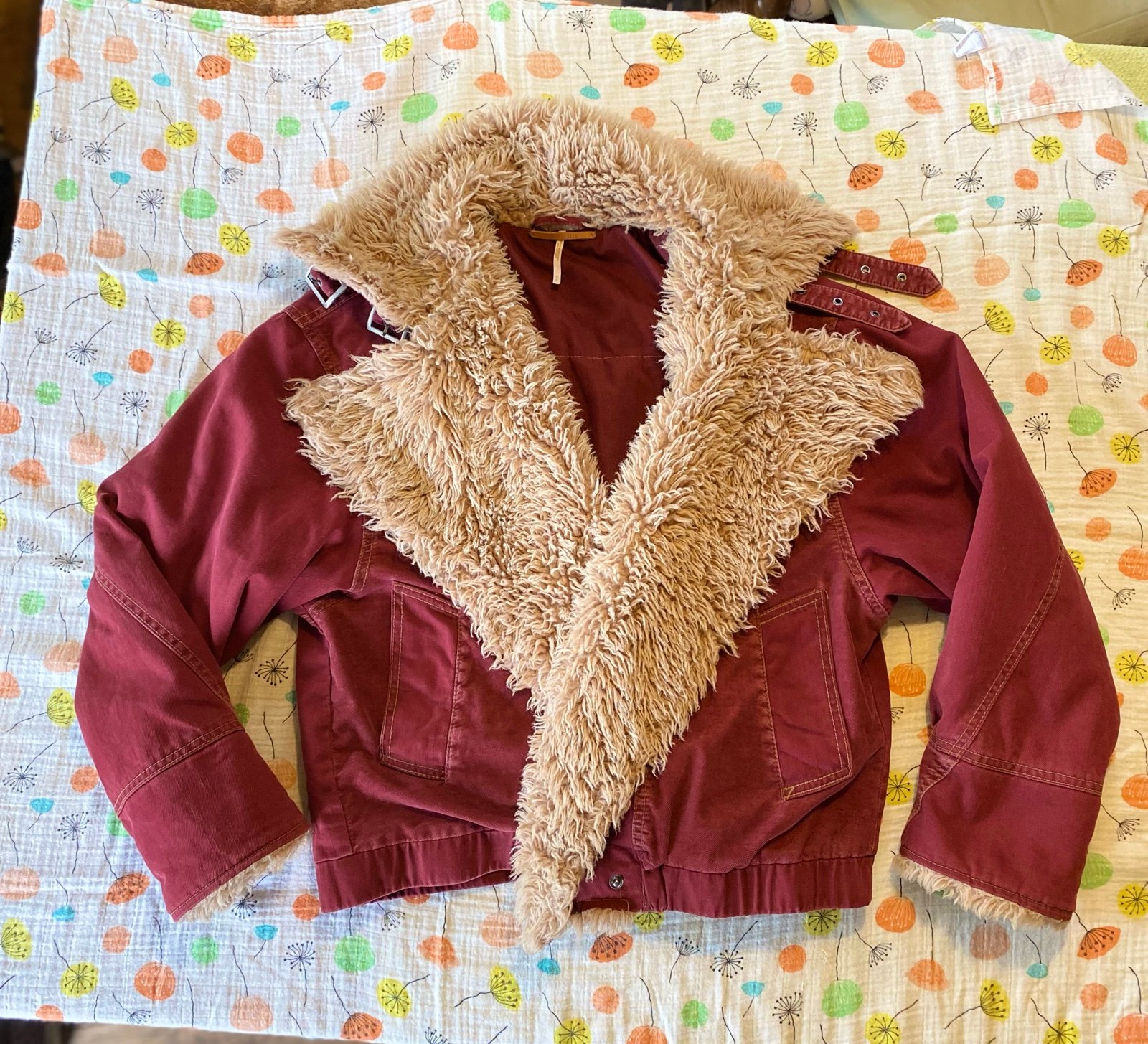 Free People Owen small women’s wine red bomber fur jacket #149