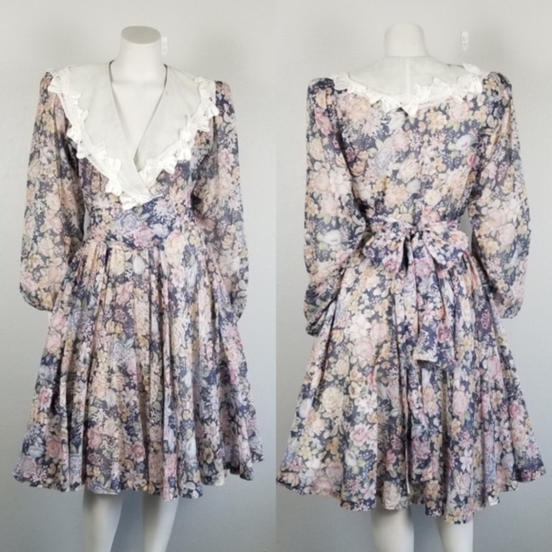 Anita Kantor Vintage 80s Cottagecore Floral Midi Fit N Flare Belted Dress Size 4