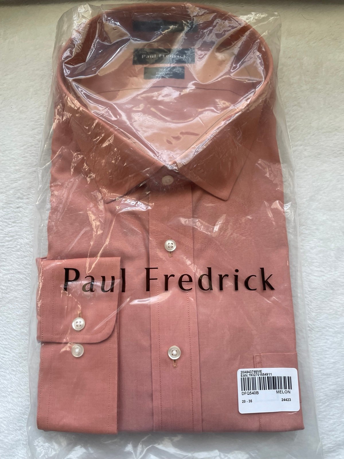 Paul Fredrick Men’s Shirt 20-35 Melon Non Iron Two Ply Cotton NWT