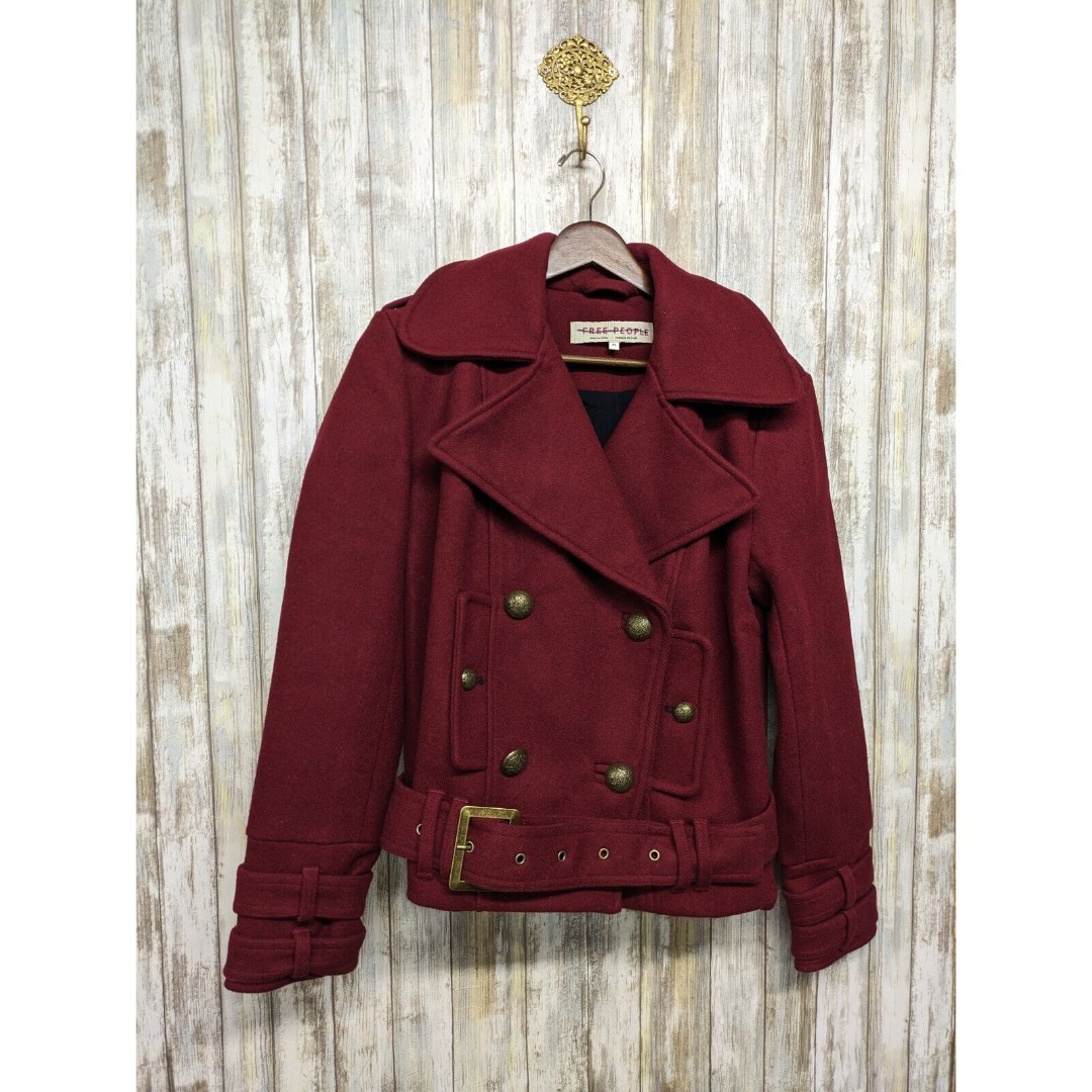 Free People Cecelia Wool Peacoat Jacket Coat Button Front Buckle Red XS New