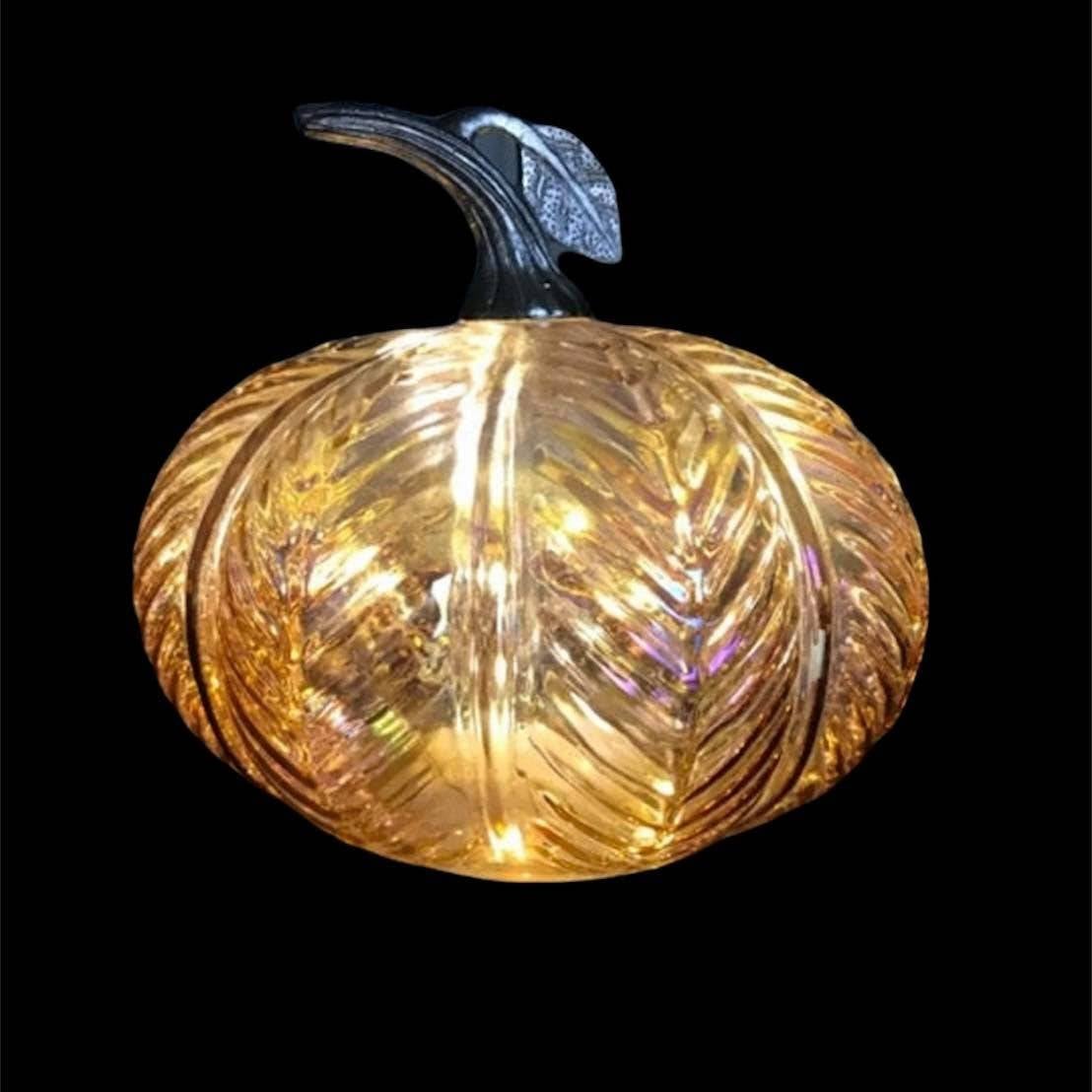 Iridescent Handblown Glass Pumpkin Lights Up LED Textured Fall Decor Autumn NEW