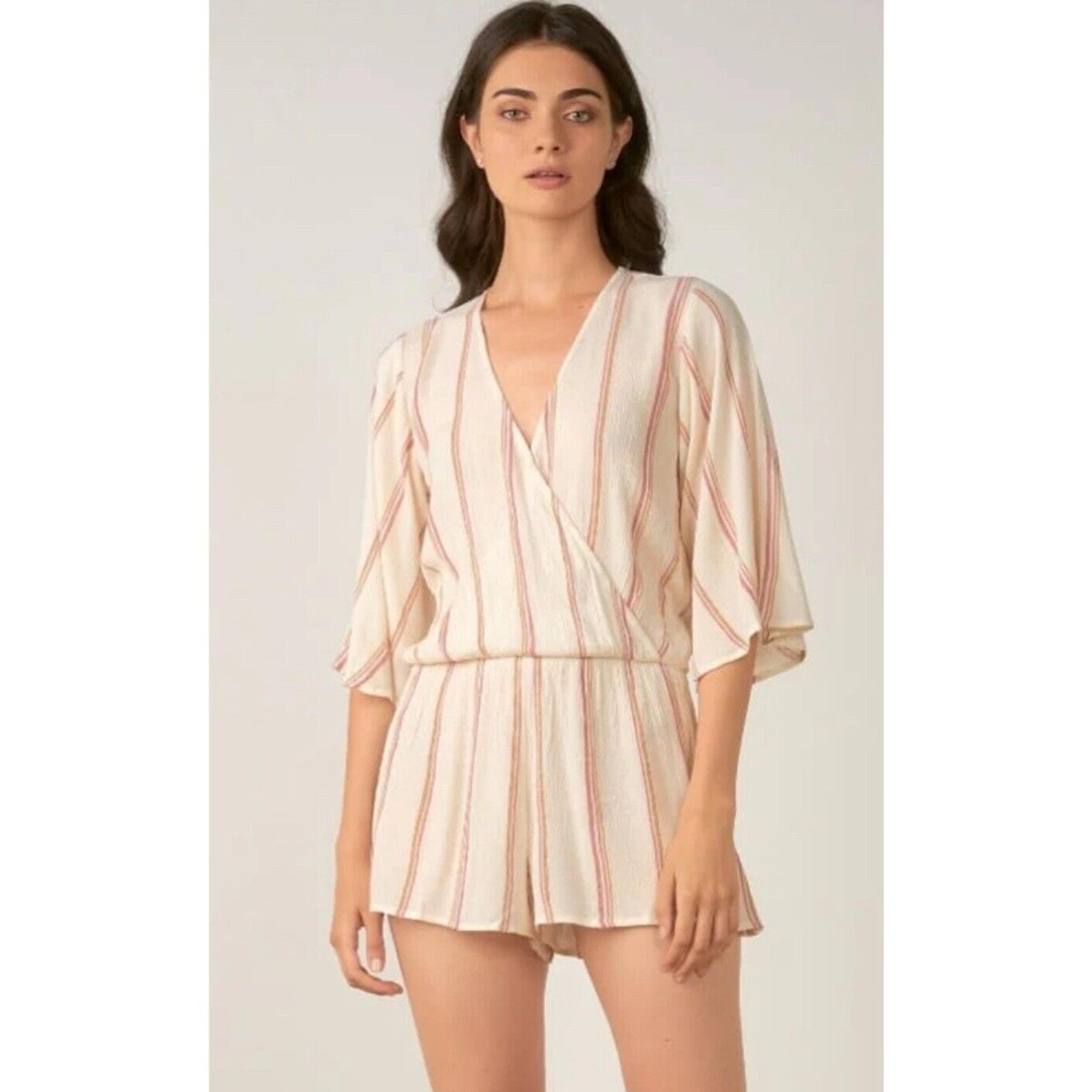 Elan Long Sleeve Faux Wrap Romper White/Pink/Yellow Size Small EUC!!!