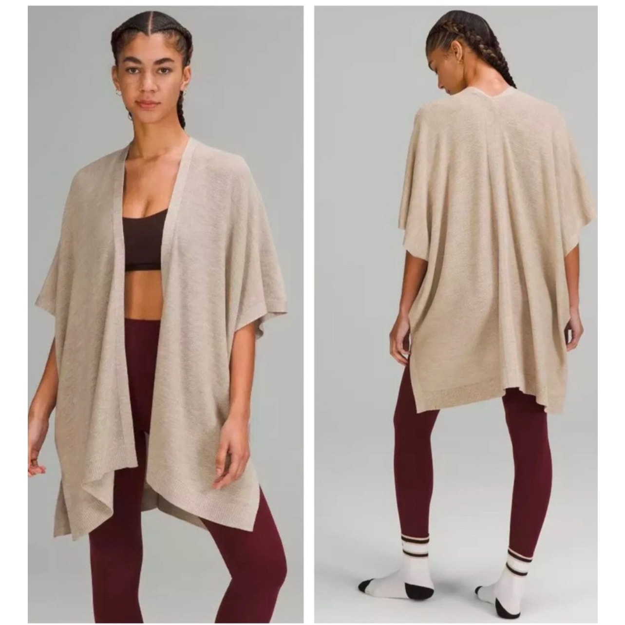 Lululemon Merino Wool Short Sleeve Heathered Beige Open Front Cardigan Size XS/S